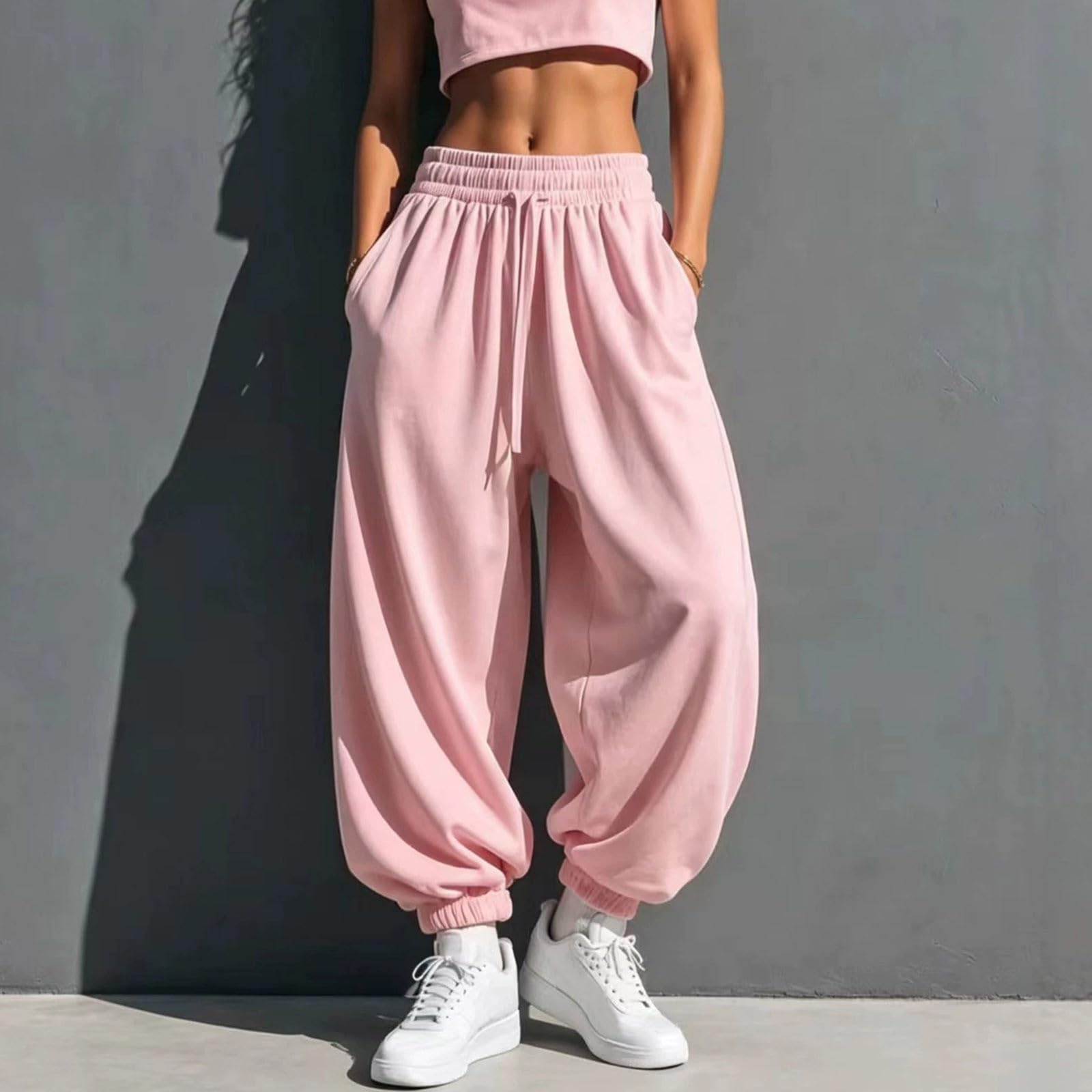 Generico Pantaloni Tuta Donna Pantaloni a Gamba Larga con Elastico in Vita Pantalone Jogger con Coulisse Comodi Pantlone Cotone Morbidi e Casual Pant Baggy Tinta Unita Pants Lunghi per Yoga e Fitness