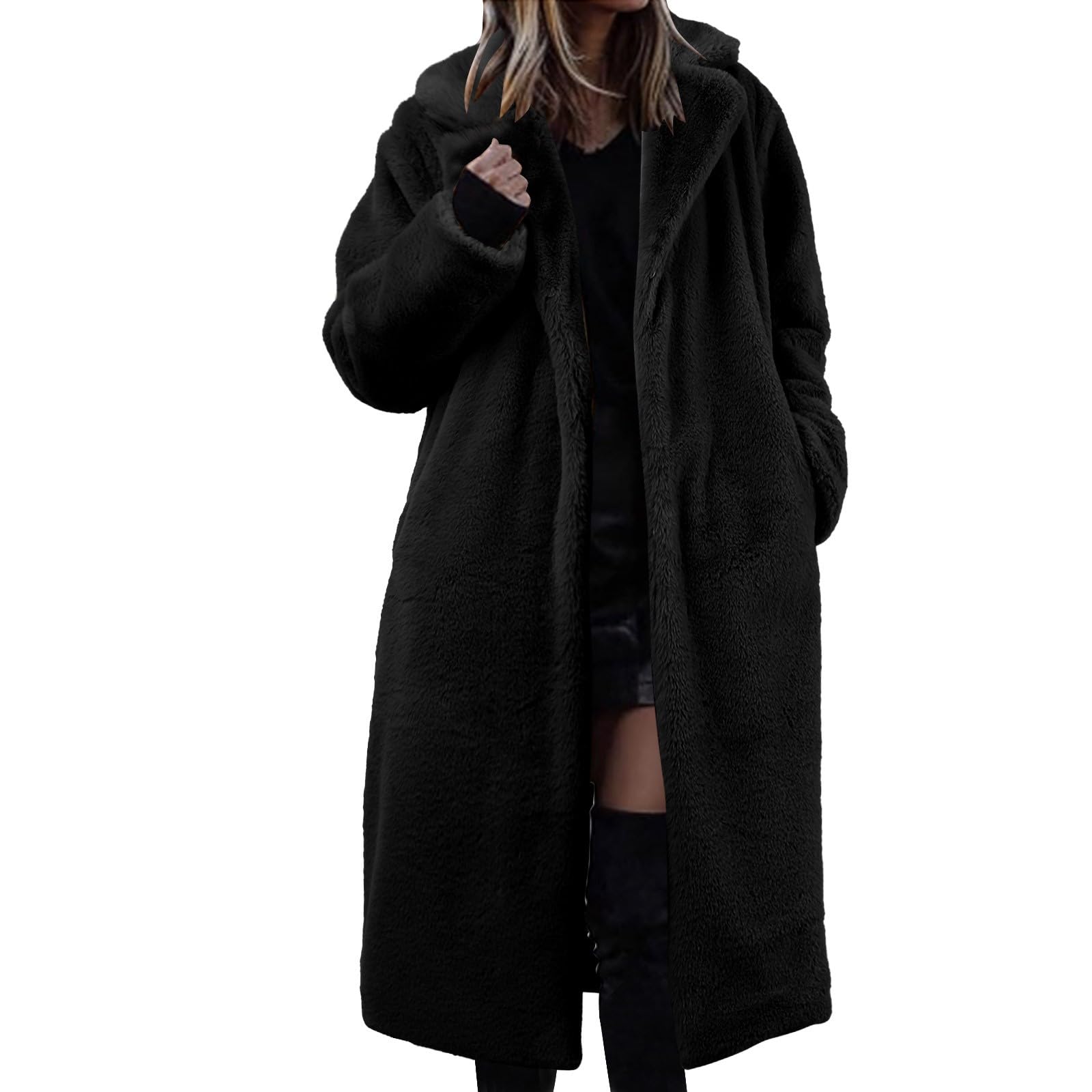 Fellmantel Damen Mit Kapuze Lange Warm Winterjacke Faux Fur Mantel Kunstfell Frauen Elegant Kunstpelz-Jacke Pelzmantel Kunstpelz Flauschige Fellmantel Parka Outwear