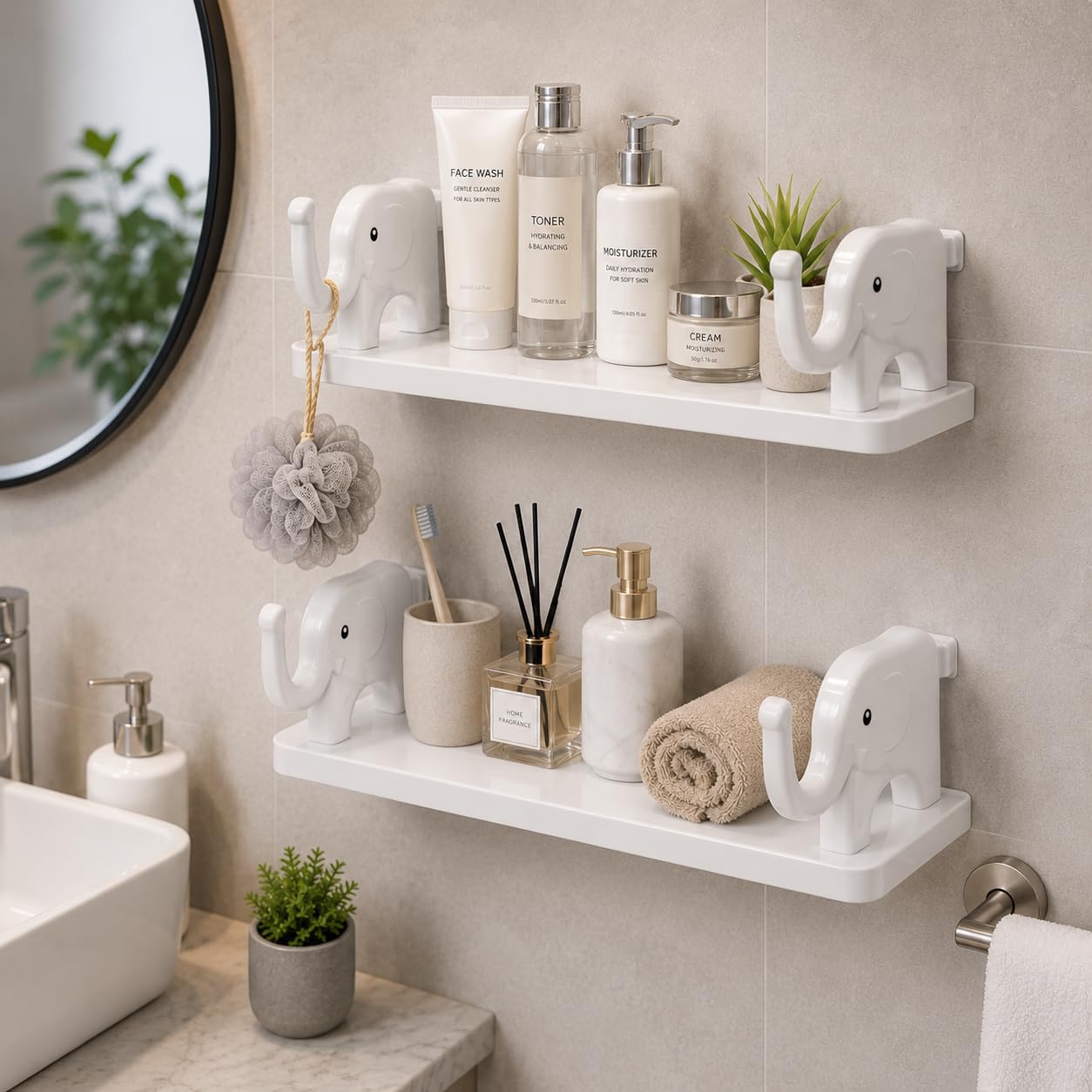 JIVINEX 2 pc Self Adhesive Shelf for Bedroom - Stick on Self Adhesive Wall Mounted Shelf - No Drill Wall Mount for Bathroom Cute ElephantShelf - SelfAdhesive Wall Shelf for Phone & Keys & Glasses-image-8