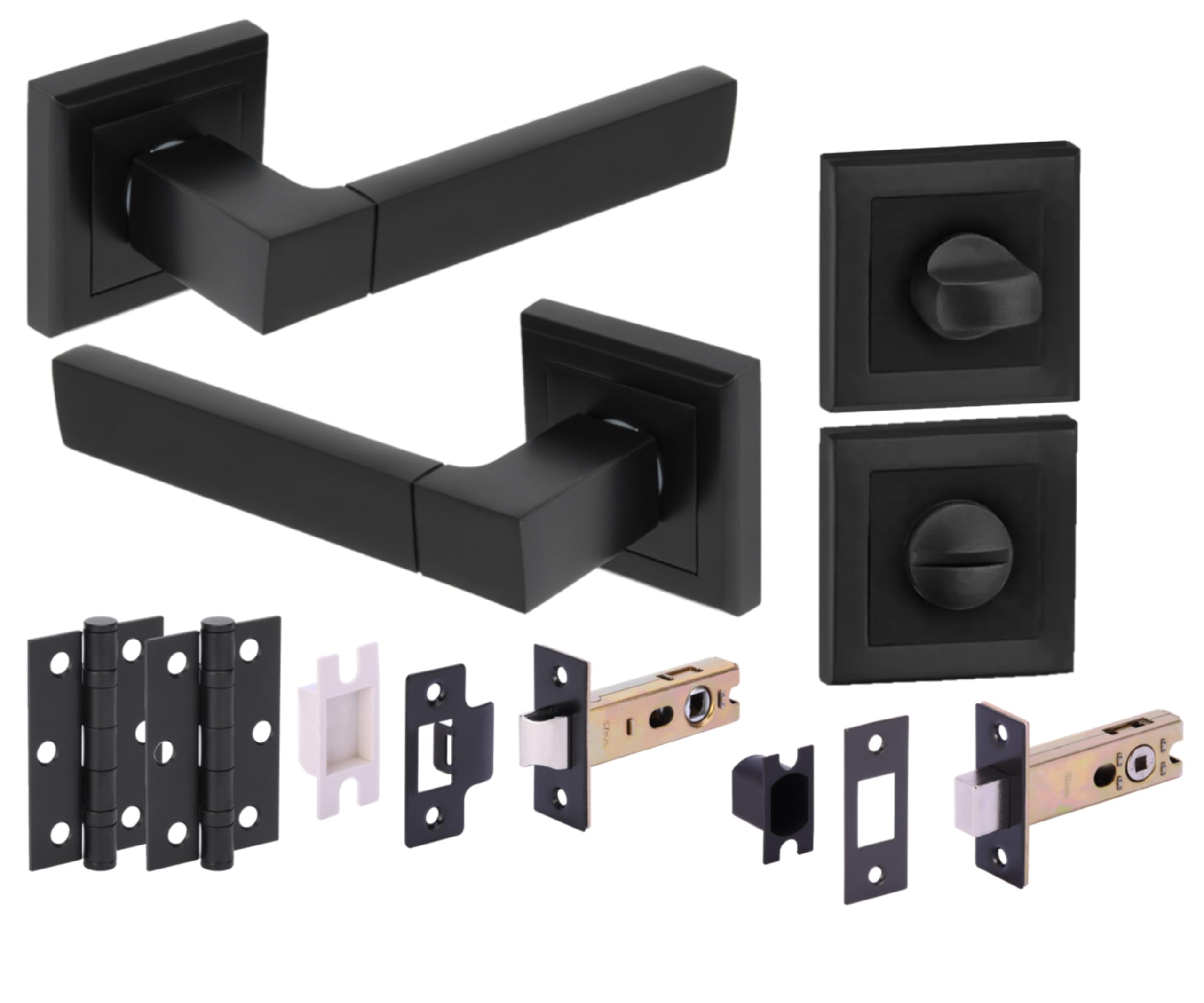 Hunta HANDLEZONE® Reno Door Handles on Square Rose Bathroom Deadbolt Pack, 76mm Lock and Latch, 75mm Ball Bearing Hinges - Black Matt