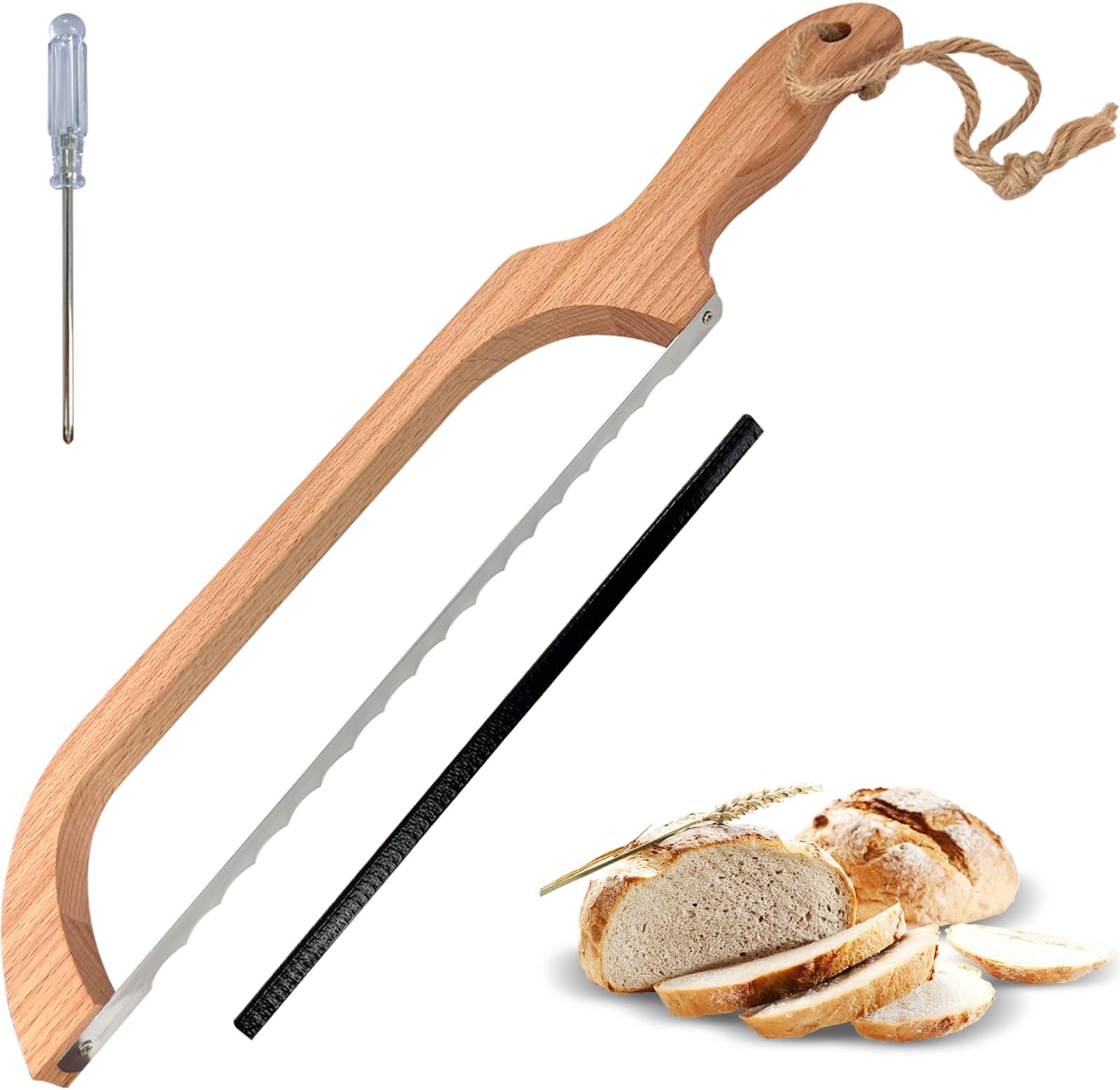 ROYOROYI Bread Slicer for Homemade Bread,16" Wooden Sourdough Bread knife with Bow Design,Premium Stainless Steel Serrated Saw Bread cutter for Bagels, Baguettes and More