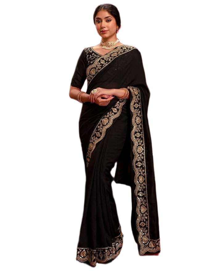 Satrani Women's Vichitra Silk Sequins Embroidery Lace Work Saree with Unstitched Blouse Piece