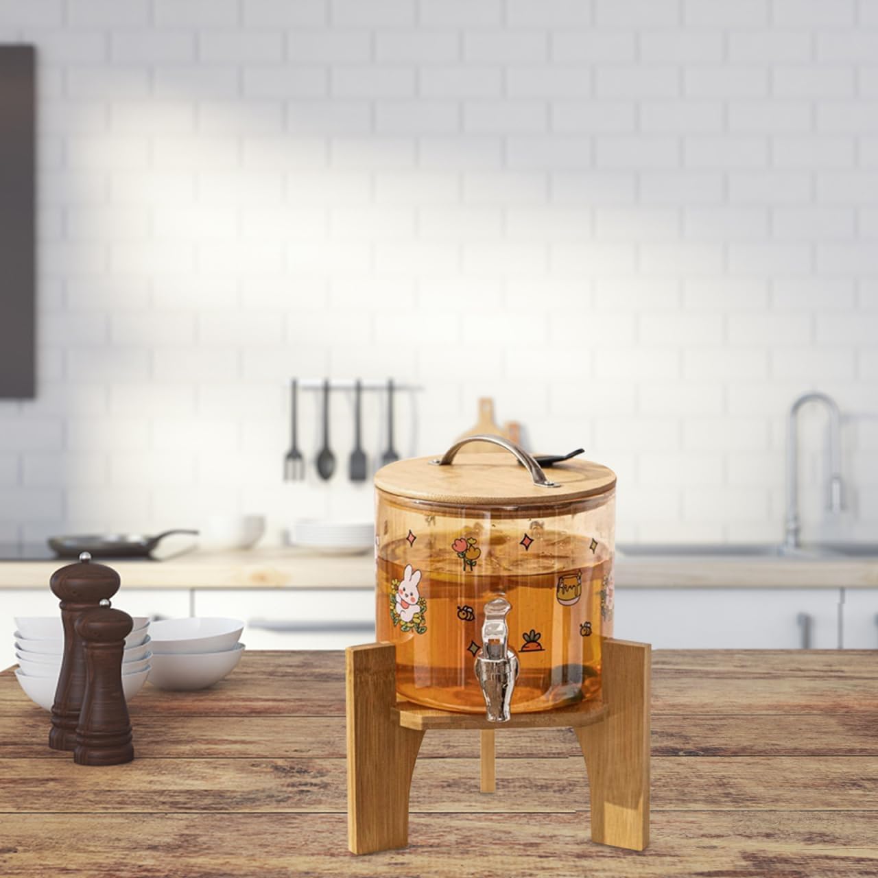 Cabilock Bamboo and Wood Beverage Dispenser Stand Round Base 6.89 Inch Drink Dispenser Holder for Water Jug Suitable for Home Parties Catering Events