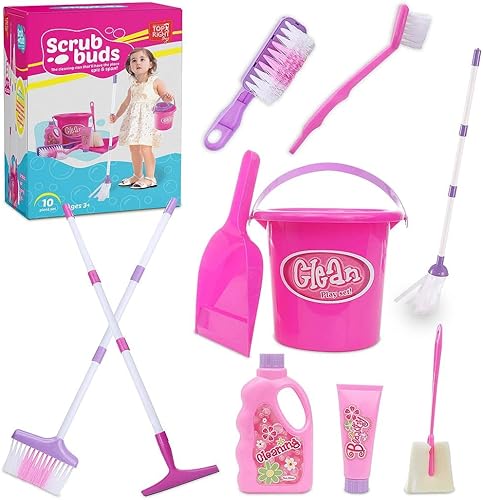 Top Right Toys Juego de limpieza para niños pequeños con escoba extra alta ajustable de 28 pulgadas trapeador y escoba con 10 accesorios