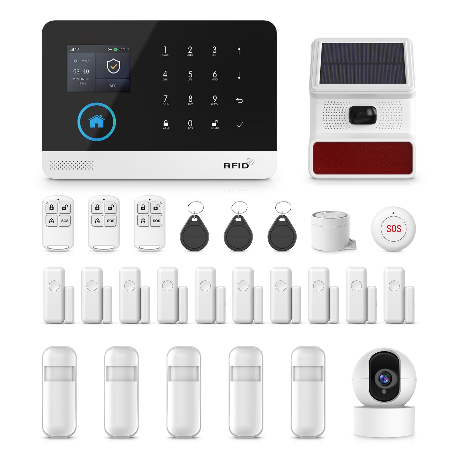 PGST Alarmanlage 26-teiliges,Home Alarmanlage Haus mit APP,4G/WLAN Alarmanlage Set mit Outdoor Sirene,Kamera,Fenster Tür Sensoren,Bewegungsmelder,RFID und Fernbedienungen,Funktioniert mit Alexa