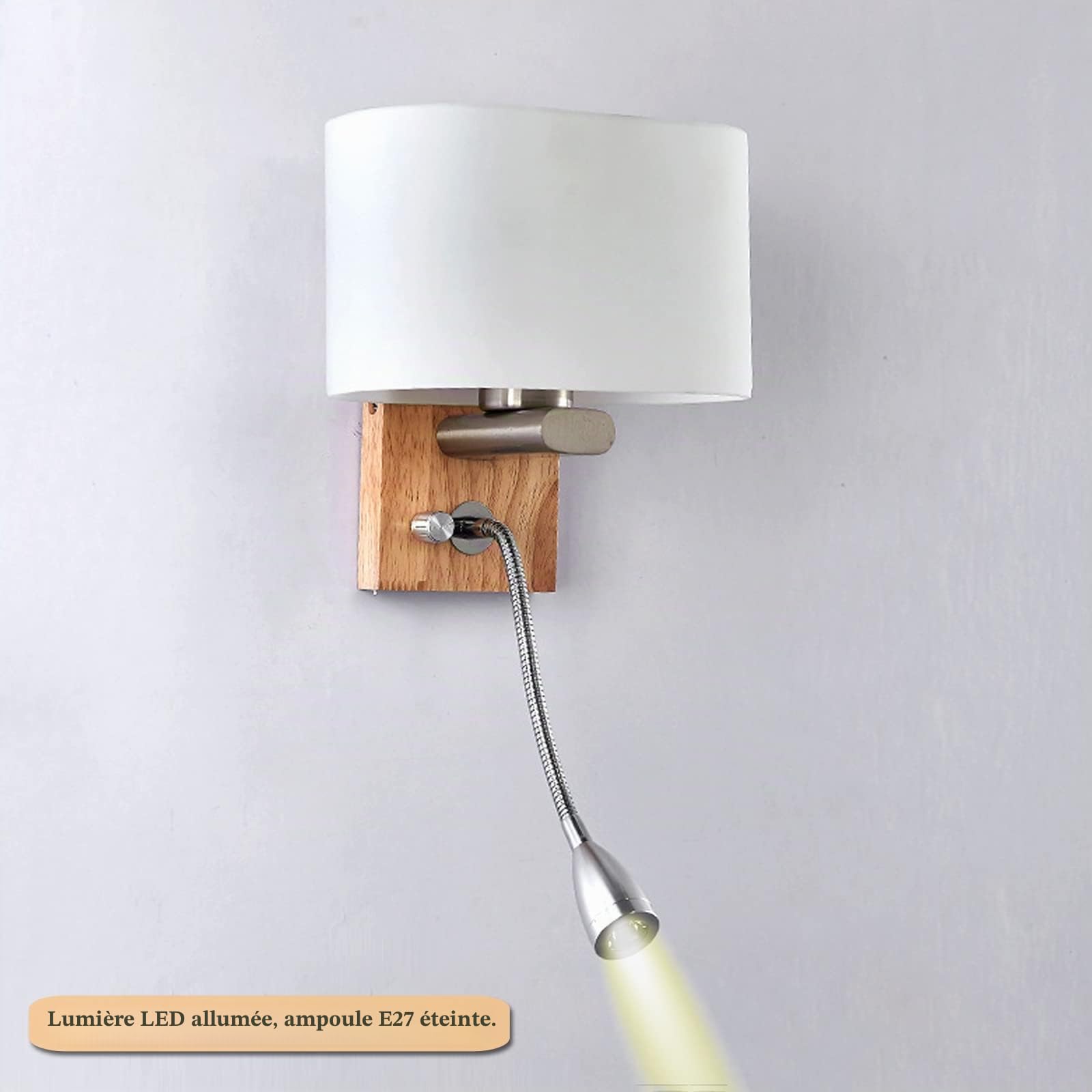 Luminaire Applique Murale Bois Avec Interrupteur Lampe Lecture Murale LED Tube Metal Cygne Flexible Réglable Abat Jour Verre Liseuse Chevet Murale Douille E27 Salon Étude Chambre Adulte (2 pack)