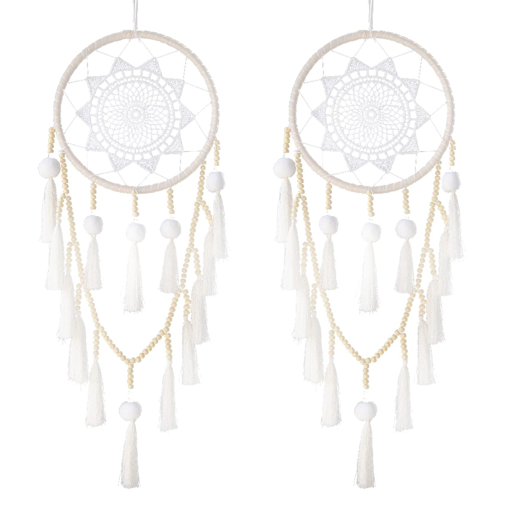 Hndhbfgrt 2X Macrame Wall Hanging Dream Catcher Large Natural Hairball (Beads with Tassel)