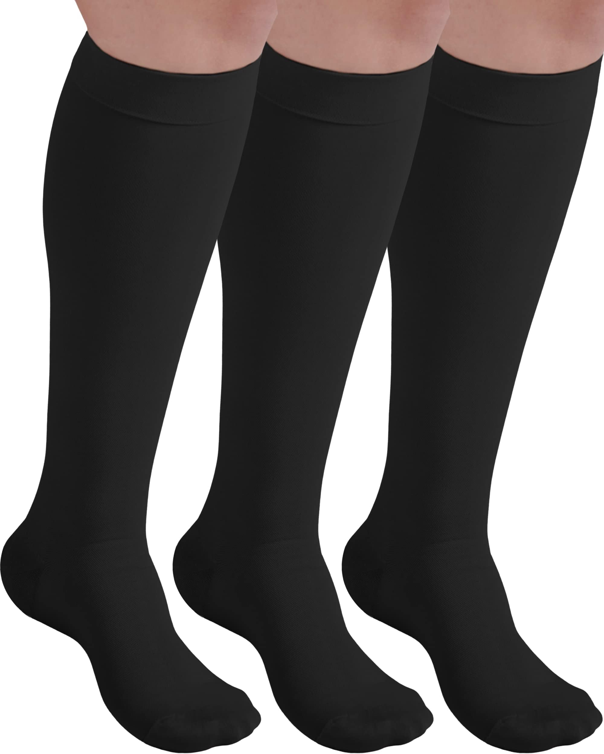 ABSOLUTE SUPPORT(3 Pairs) Graduated Support Opaque Compression Knee High Stockings and Women 20-30mmHg | For Circulation during Pregnancy, Travel, Airplane, Running - Black, Large - A501BL3-3