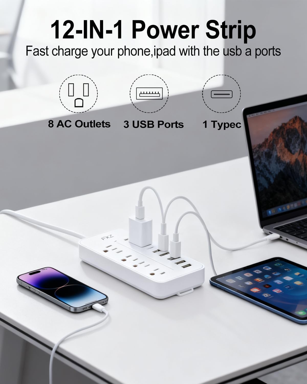 Surge Protector Power Strip 12 in 1 Power Strip with 8 Widely Outlets and 3USB-A&1USB-C Port,1700Joules,Flat Plug Extender Cord Charging Station Overload Protection,for Home Office Dorm (White, 5FT)