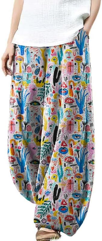 Women's Wide Leg Harem Pants Graffiti Printed Baggy Elastic Waisted Cotton Palazzo ...