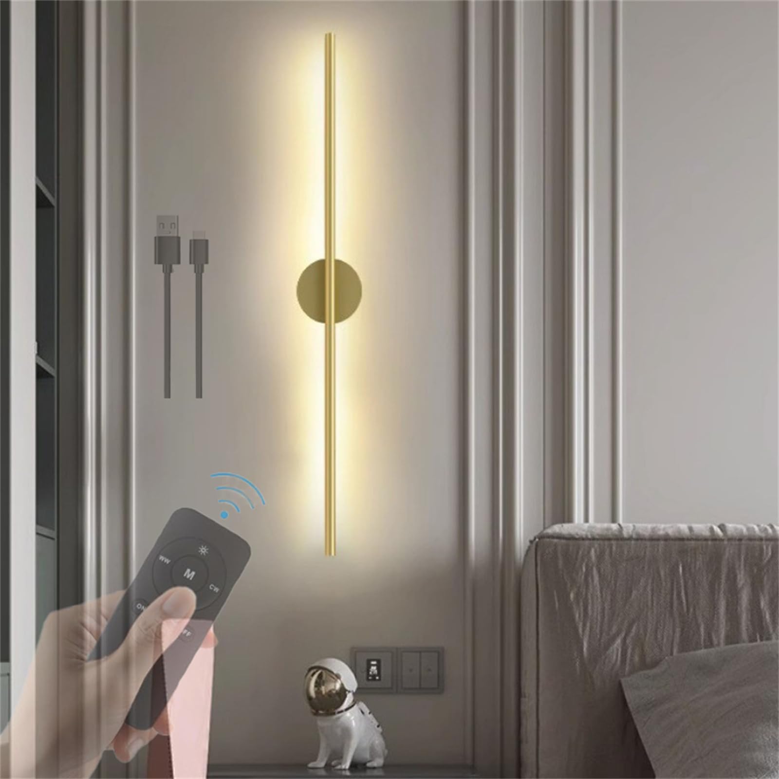 HYJAUSXB 360° Rotatable LED Wall Lamp Rechargeable Battery-Powered USB with Remote Control Dimmable Wireless Sconce Motion Sensor 100cm Gold Indoor Lighting