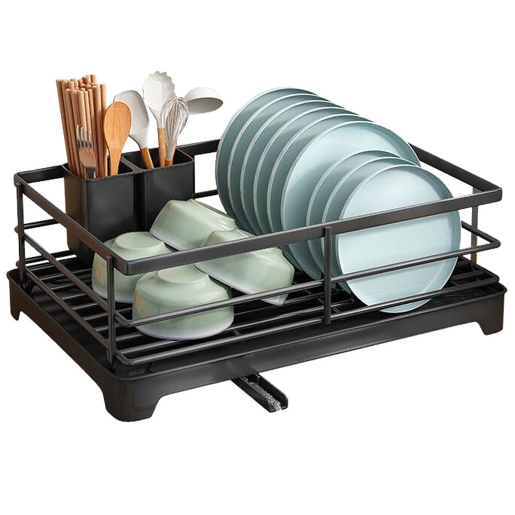 GIZNXBA Abtropfgestell Geschirr Mit Ablauf Geschirr Abtropfständer Abtropfgitter Für Die Küchenzeile, Abnehmbares Geschirrtrockner Abtropfgestell Mit Utensilienhalterung (Color : /Black, Size : A)