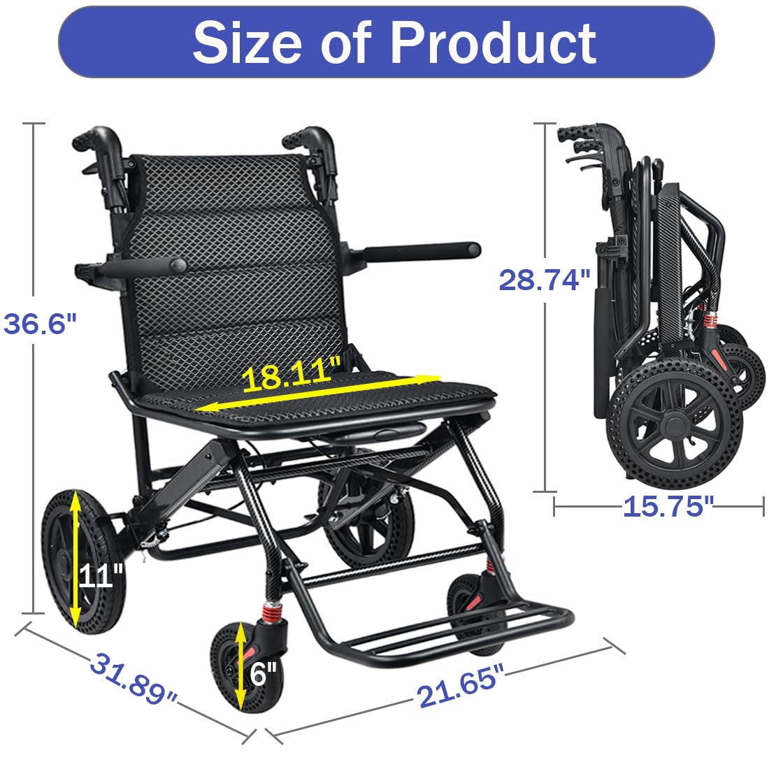 Sedia a rotelle per il trasporto con manico telescopico, 11 kg, pieghevole, per adulti e anziani, in lega di alluminio, pneumatici a nido d'ape ammortizzante, portata 110 kg, portata 46 cm