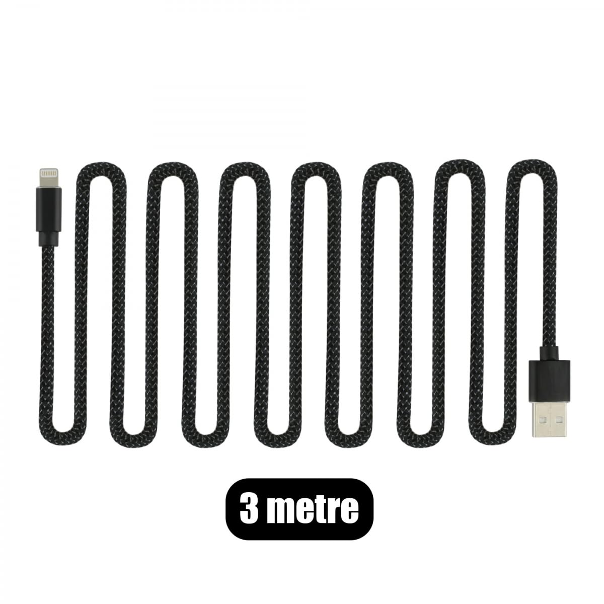 3 Metre Örgülü USB Şarj ve Data Kablosu, iPhone için, Hızlı Şarj ve Veri Transferi, Siyah Örgü Naylon Kaplama