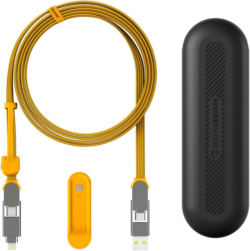 Rolling Square inCharge XL 200 cm - USB-C Cable, Universal Smartphone Cable, Gift for Men, 6-in-1 Universal Charger for Smartphones, Technical Gadget, Yellow, Lightning Cable 100W