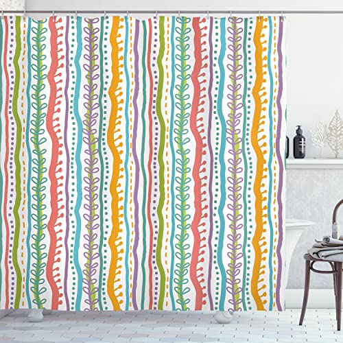 Ambesonne Striped Shower Curtain, Vertical Abstract Featured Swirl Lines Curved Sketchy Bands and Dots Display, Cloth Fabric Bathroom Decor Set with Hooks, 69