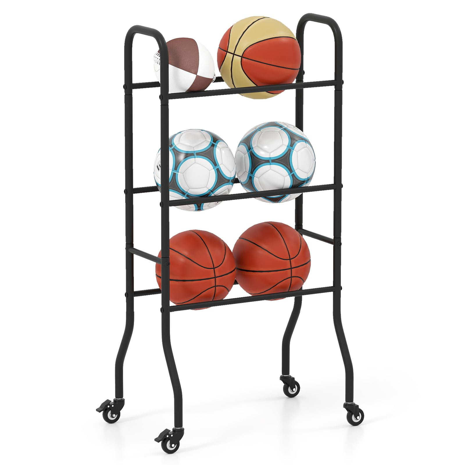 GOPLUS Estantería para Balones con Ruedas Bloqueables, Carro 3 Niveles, Almacenamiento para Baloncesto