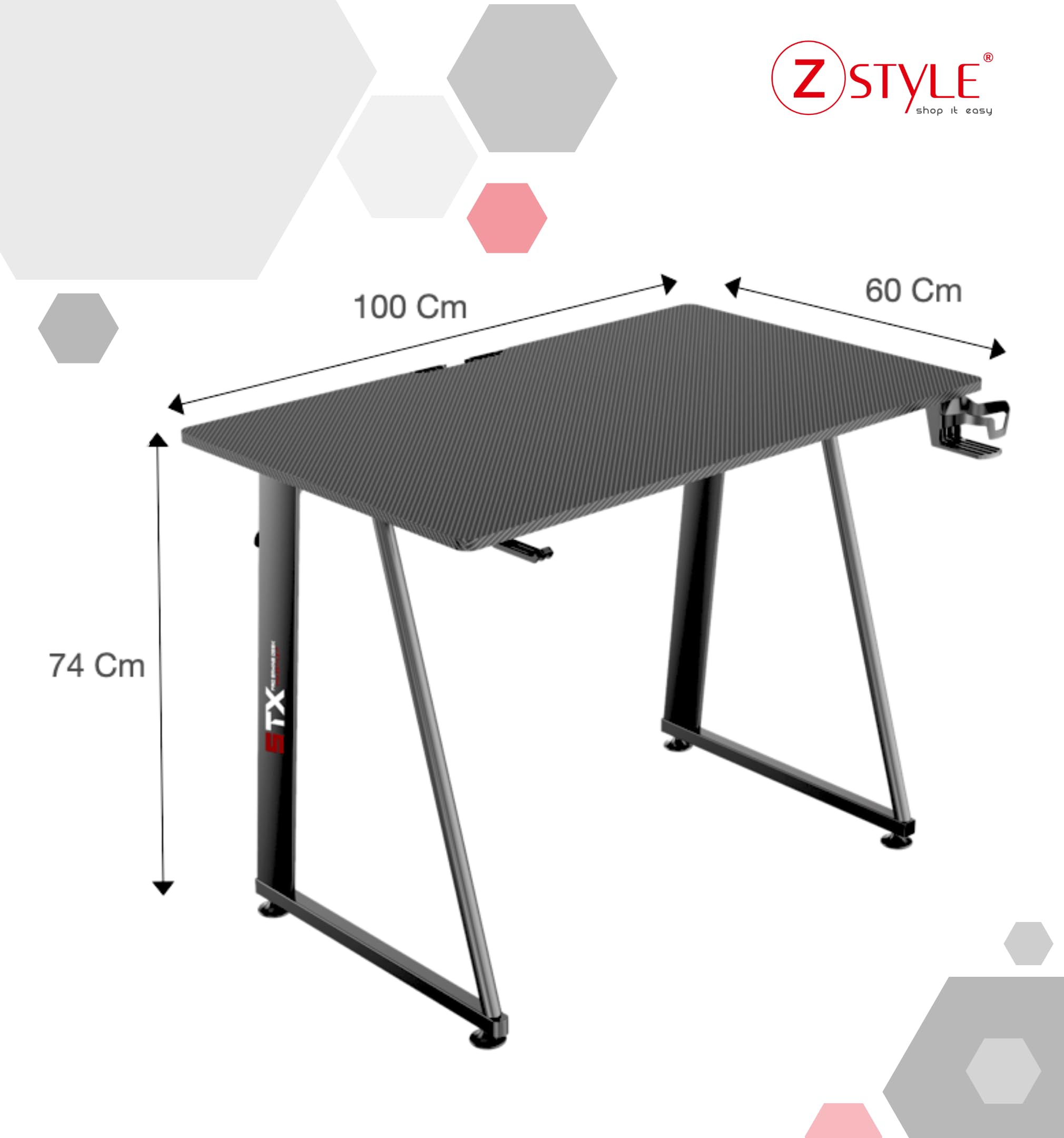 ZStyle Tavolo scrivania da Gaming Desk Postazione Computer Carbonio porta Cuffie Portabicchiere Laptop da Gioco Gestione Cavi Ergonomica Gamer (S)