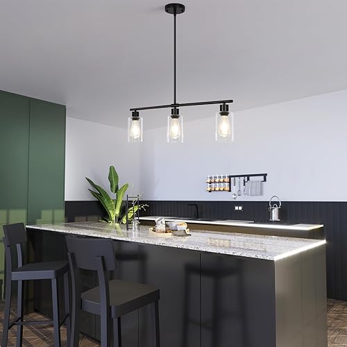 Miniatura 3 de Iluminación de isla de cocina, 3 lámparas de araña de comedor, lámpara colgante negra con pantallas de cristal, lámpara lineal moderna de 31