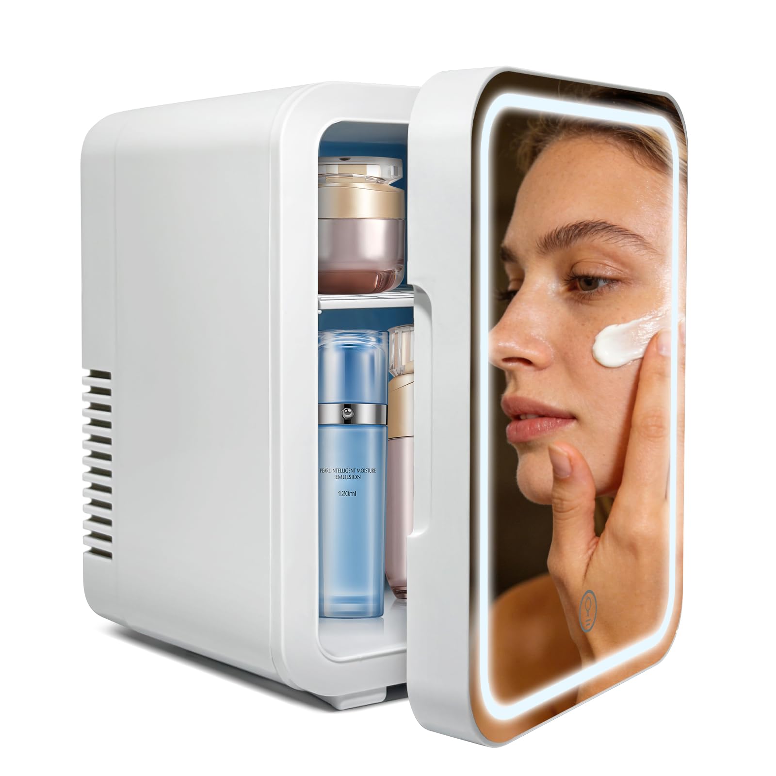 Kwanner 4L Portable Skincare Fridge with Dimmable LED Light Mirror - Cooler & Warmer Mini Fridge for Bedroom Office, Compact Cosmetic Fridge for Makeup, Food, Drinks (White)