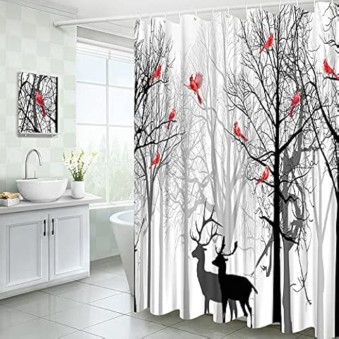 Tree Red Bird Shower Curtain Rustic Deer Forest Abstract Tree Red Bird Camping Lodge Cabin Vintage Wildlife Hunting Nature Scenic Winter Holiday Christmas Fabric Bathroom Decor Curtain with Hooks Cover