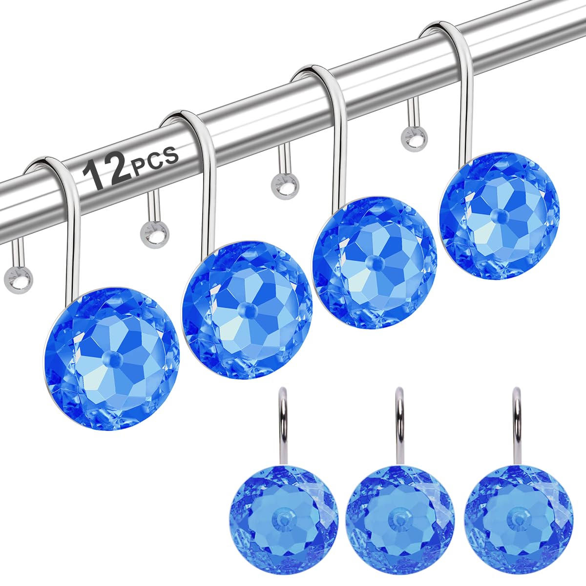 12PCS Shower Curtain Hooks Rings for Bathroom, Stainless Steel Rust Resistant Decorative Rhinestones Shower Curtain Rings Hangers for Shower Curtains, Clothing, Towels, etc. (Blue) â image 1