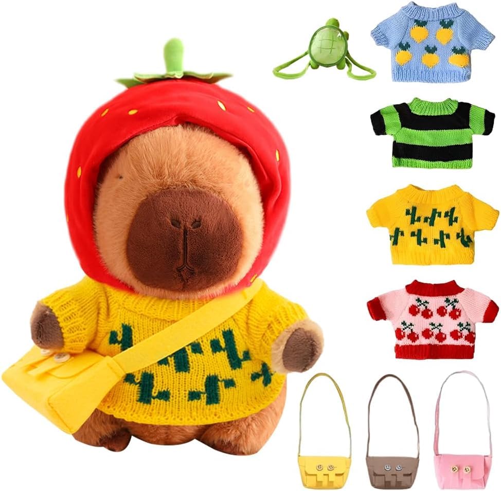 YANGUN Peluche Capybara, 23 cm Capybara Peluche, Juguete de Peluche Capybara, 10 Piezas Set Peluche para niños con Ropa y Accesorios, Bonito Animal de Peluche de Capibara, Capybara para Niños y Niñas