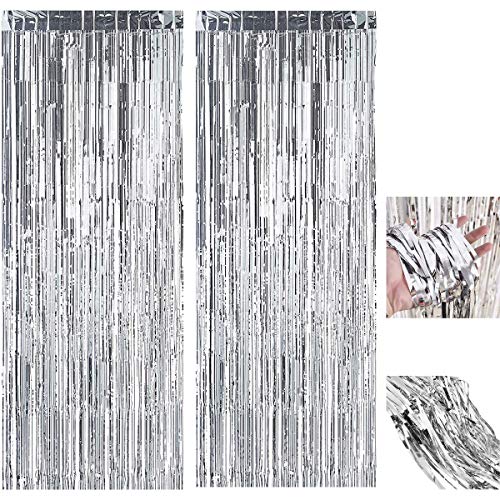2 piezas de cortina de lámina de borla metálica, cortina brillante con flecos brillantes, cortina plateada brillante para decoración de fiestas, bodas,decoración de Año Nuevo (1 mx 2,5 m)