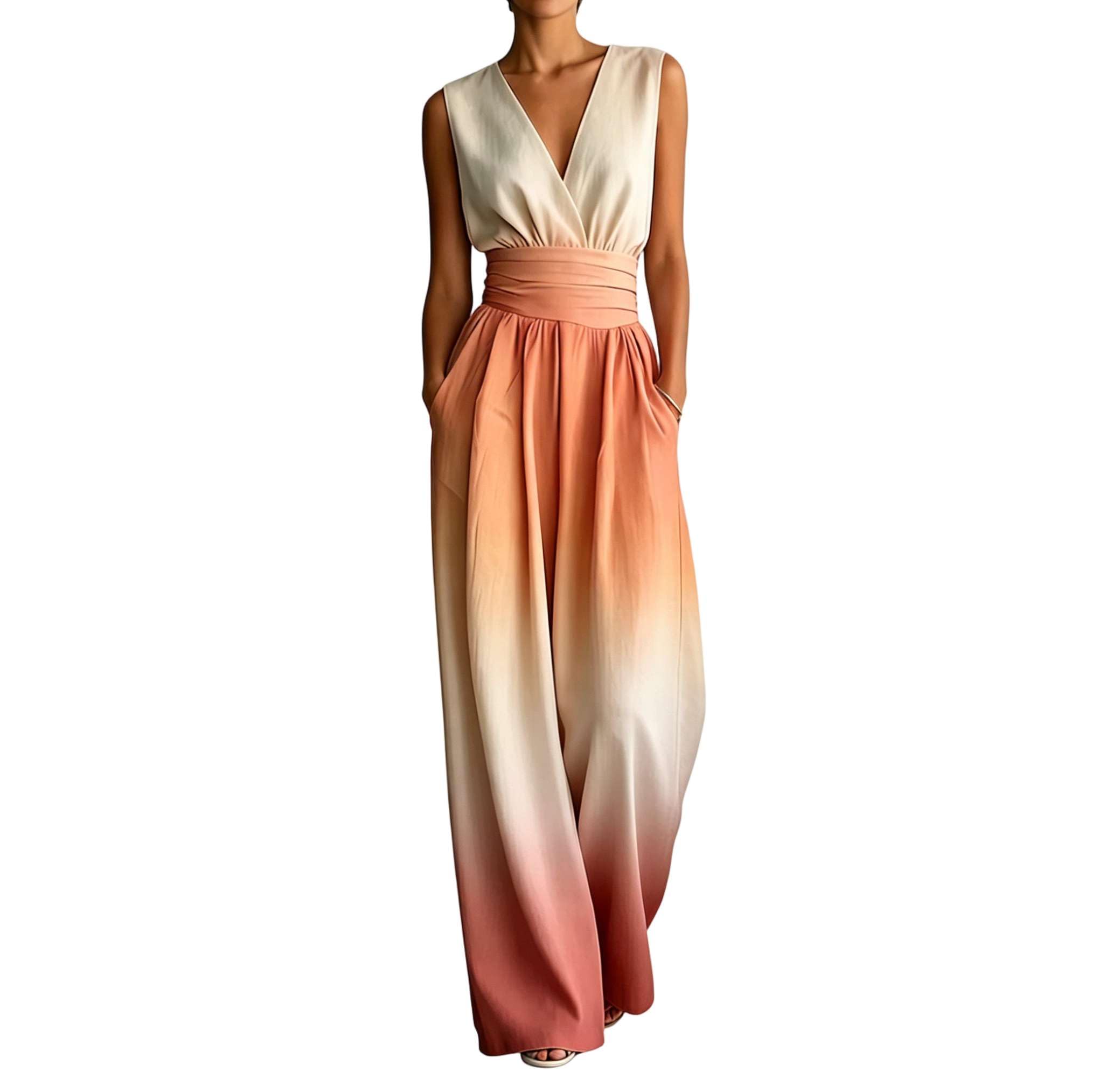 Generico Tuta Elegante Donna-Curvy V Neck Jumpsuit Boho Chic Tute da Cerimonia Vita Alta Casual Pantaloni Lunghi Fluida Maniche Lunghe Salopette Morbida Leggera Summer Outfit con Tasche