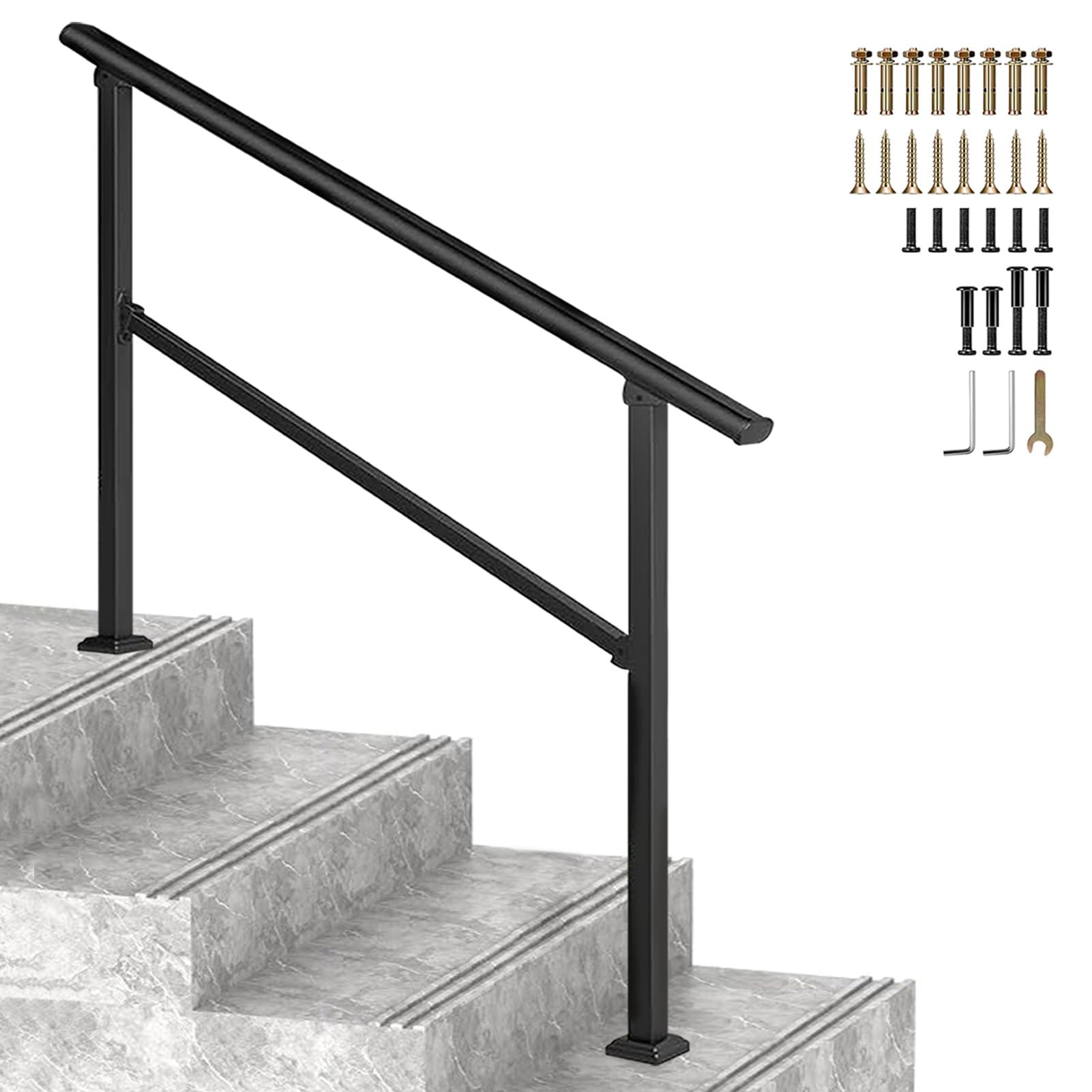 Jksyff A Floor Mounted Handrails Stair Guardrail, Fit 1 To 4 Steps, Djustable Front Porch Hand Rail, Transitional Stair Railing For Concrete Wooden Steps, Black(,120Cm/47Inch)