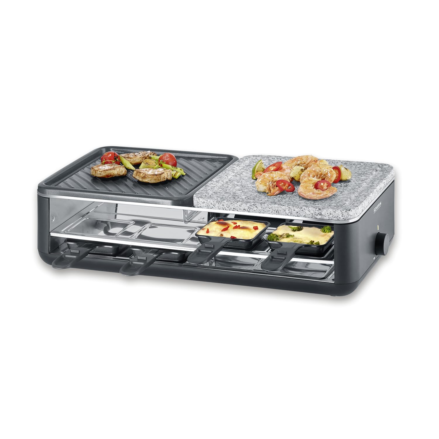 SEVERIN Raclette Grill, 1300W, 8 Padelline Antiaderenti Extra Profonde, Piastra Pietra Naturale e Ceramica, Temperatura Regolabile, 49,0 x 25,0 x 14,0 cm, Nero - RG 2366