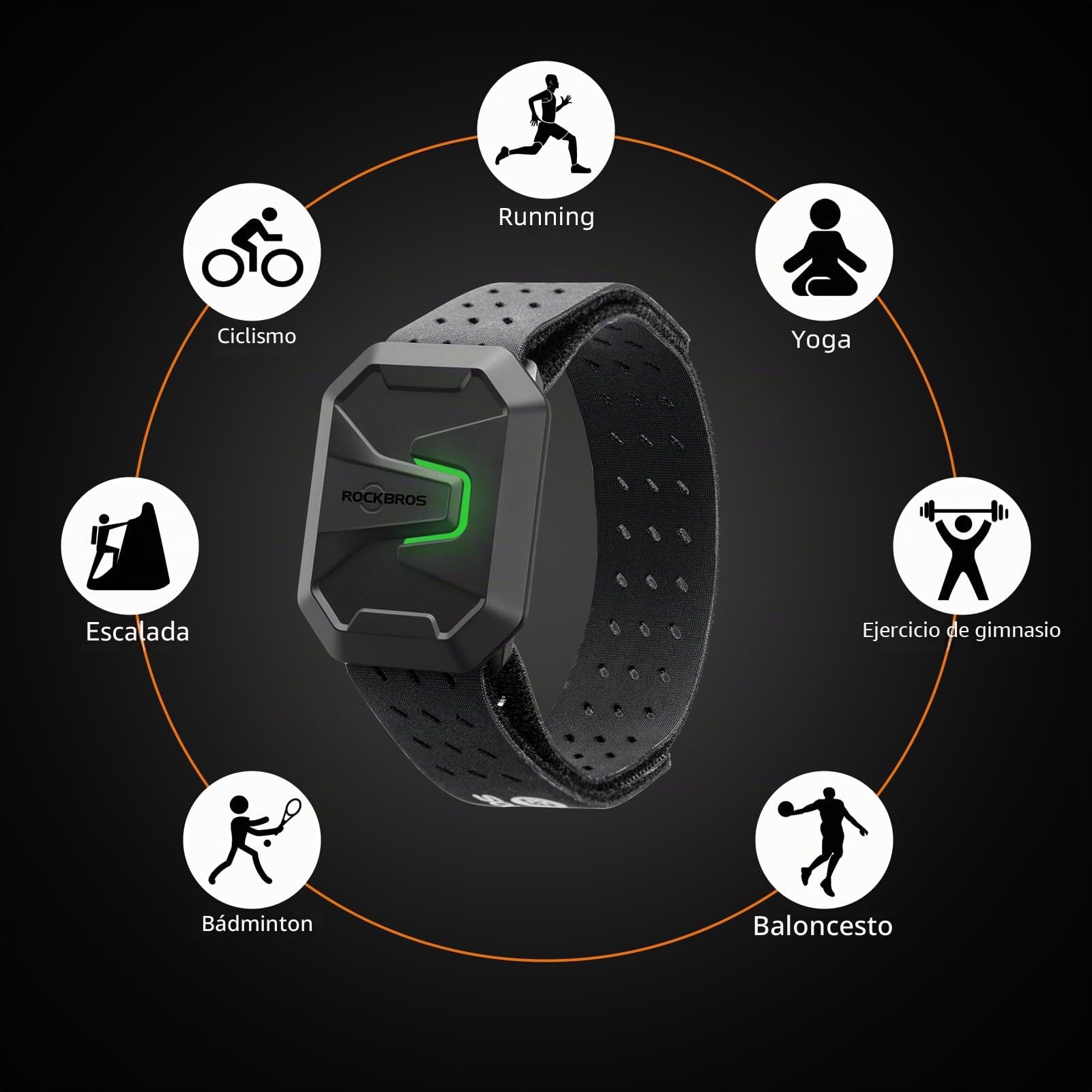 ROCKBROS Monitor de Frecuencia Cardíaca con Bluetooth y Ant+ IP67, Banda de Brazo Deportiva con Indicador LED y Carga Magnética, Sensor Preciso para Ciclismo, Running y Entrenamiento