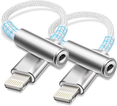 Lightning to 3.5mm Headphone Jack Adapter [MFi Certified] AUX Dongle iPhone Headphone Adapter Earphone Audio TRRS Compatible with i phone 14/13/12/11/X/8/7/Pad/i-OS, Silver White - 2 Pcs