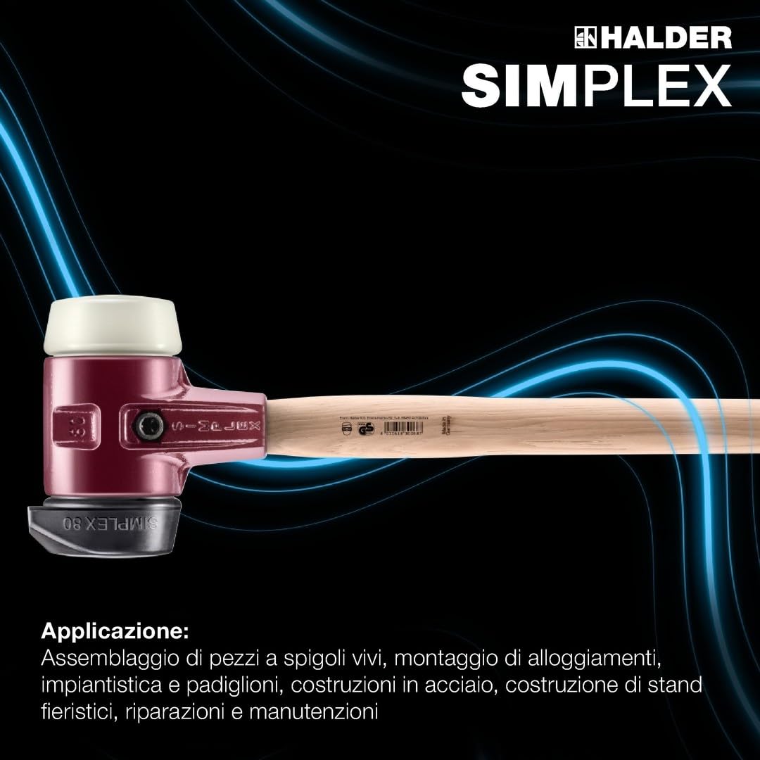 SIMPLEX 3028.261 - Martello in gomma con piedistallo/nylon, con corpo in ghisa malleabile e manico in hickory, diametro 60 mm