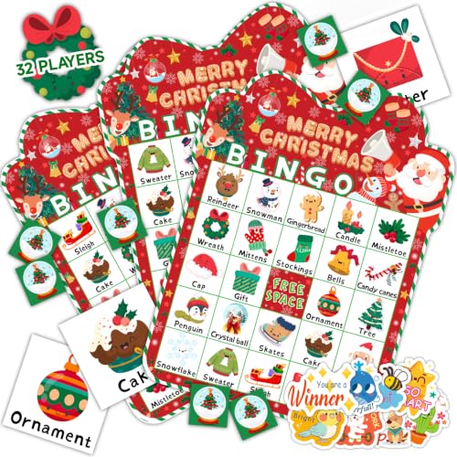 HomSeon 49Pcs Christmas Bingo Game for Kids Adults, 32 Players Bingo Cards