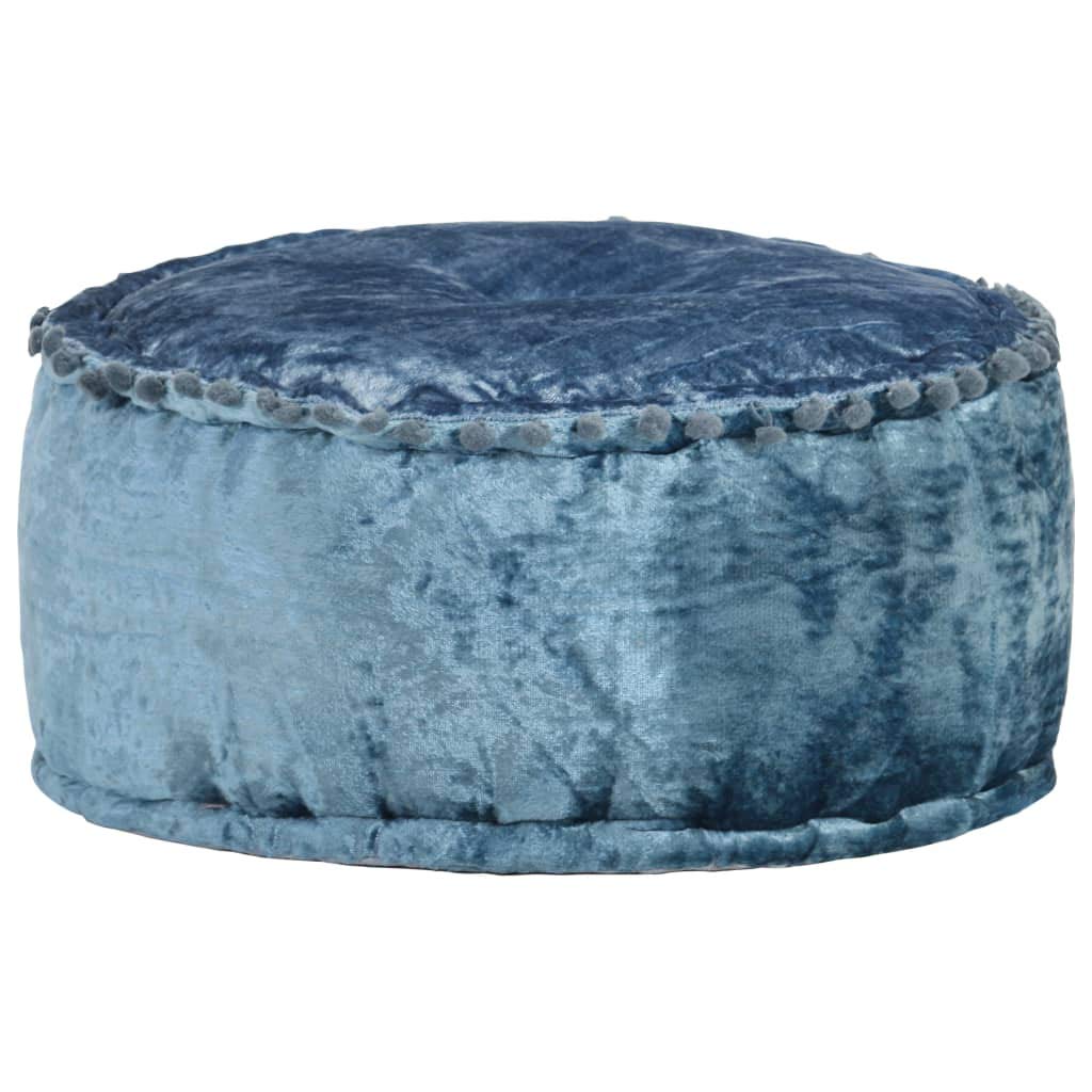 Pouf rond en velours bleu moelleux pour un repose-pieds confortable