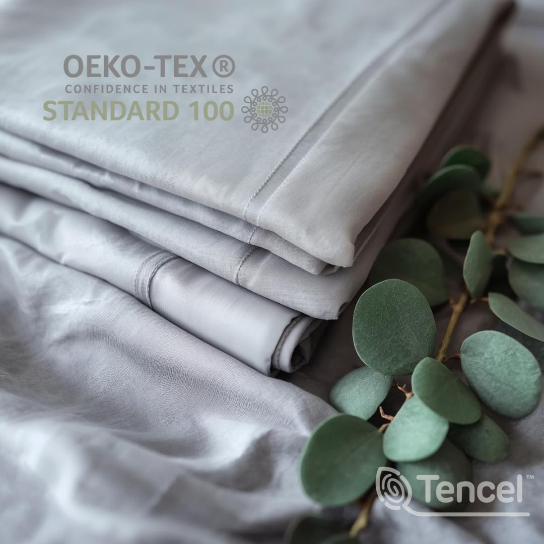 Callum Collective|Organic Tencel™Eucalyptus Sheets | 400 Thread Count |Hypoallergenic|Eco-Friendly| Extra deep pocket-18 Inches | 4 Piece Luxury Bed Sheets | Queen - Fog Grey