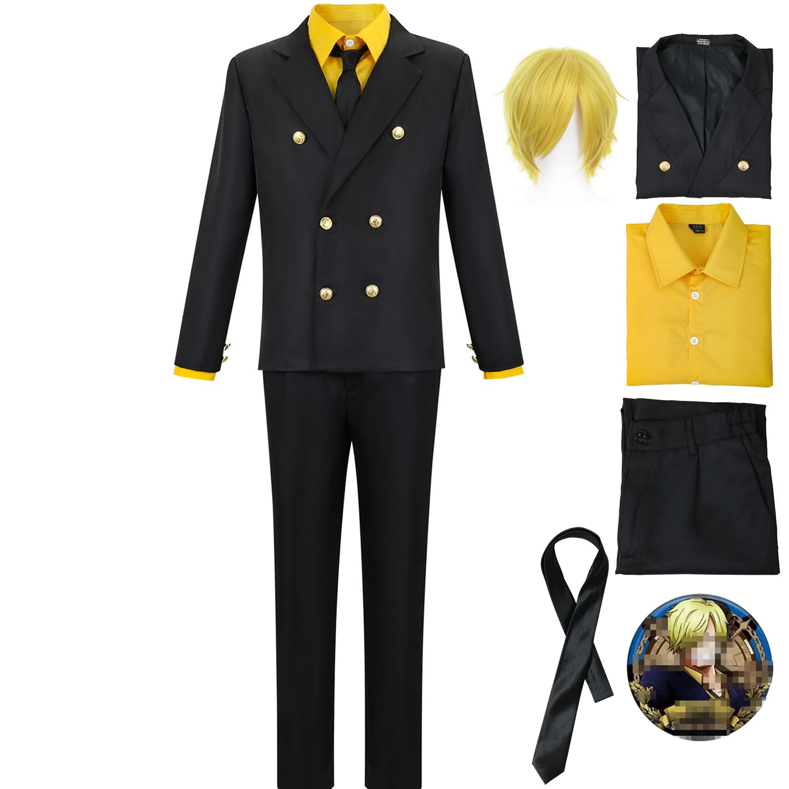 Sanji Cosplay Costume with Wig Sanji Costume Men Black Uniform Blue Shirt Outfit Halloween Set (Yellow with wig, Large)