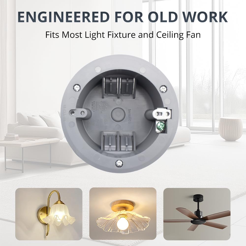MAKERELE Gray Old Work Round Ceiling Electrical Box, 1Gang Ceiling Light Box, PVC Round Old Work Electrical Switch, 4.25” Dia, 18 Cubic Inches, for Reliable Home Upgrades (6 Pack) - Image 2