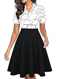 Womens Summer Short Puff Sleeve Casual Semi-Formal Fit and Flare Church Wedding Guest Work Dresses with Pockets