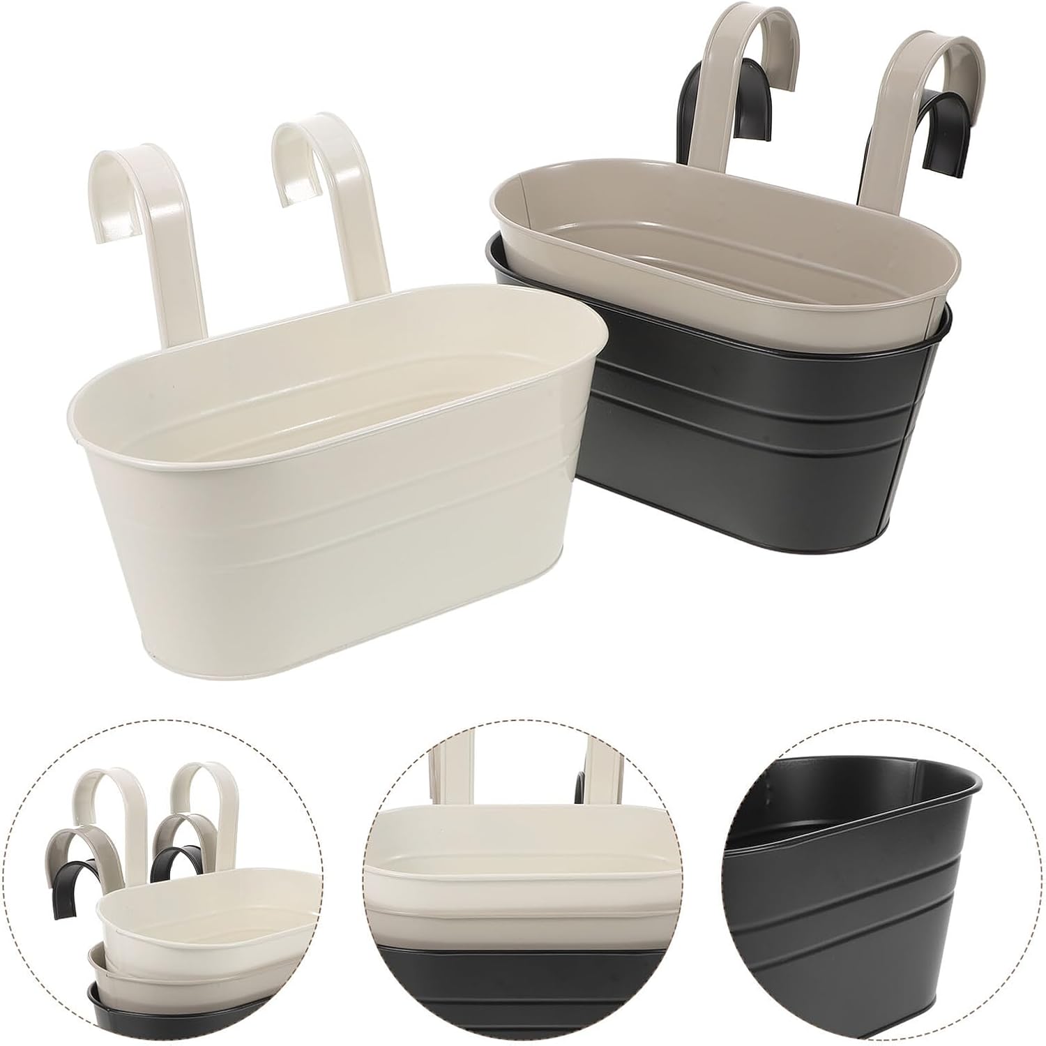 3pcs Metal Hanging Flower Pot Bucket with Detachable Hooks, Oval Outdoor Balcony Railing Planters with Drainage Holes for Garden and Patio Decor
