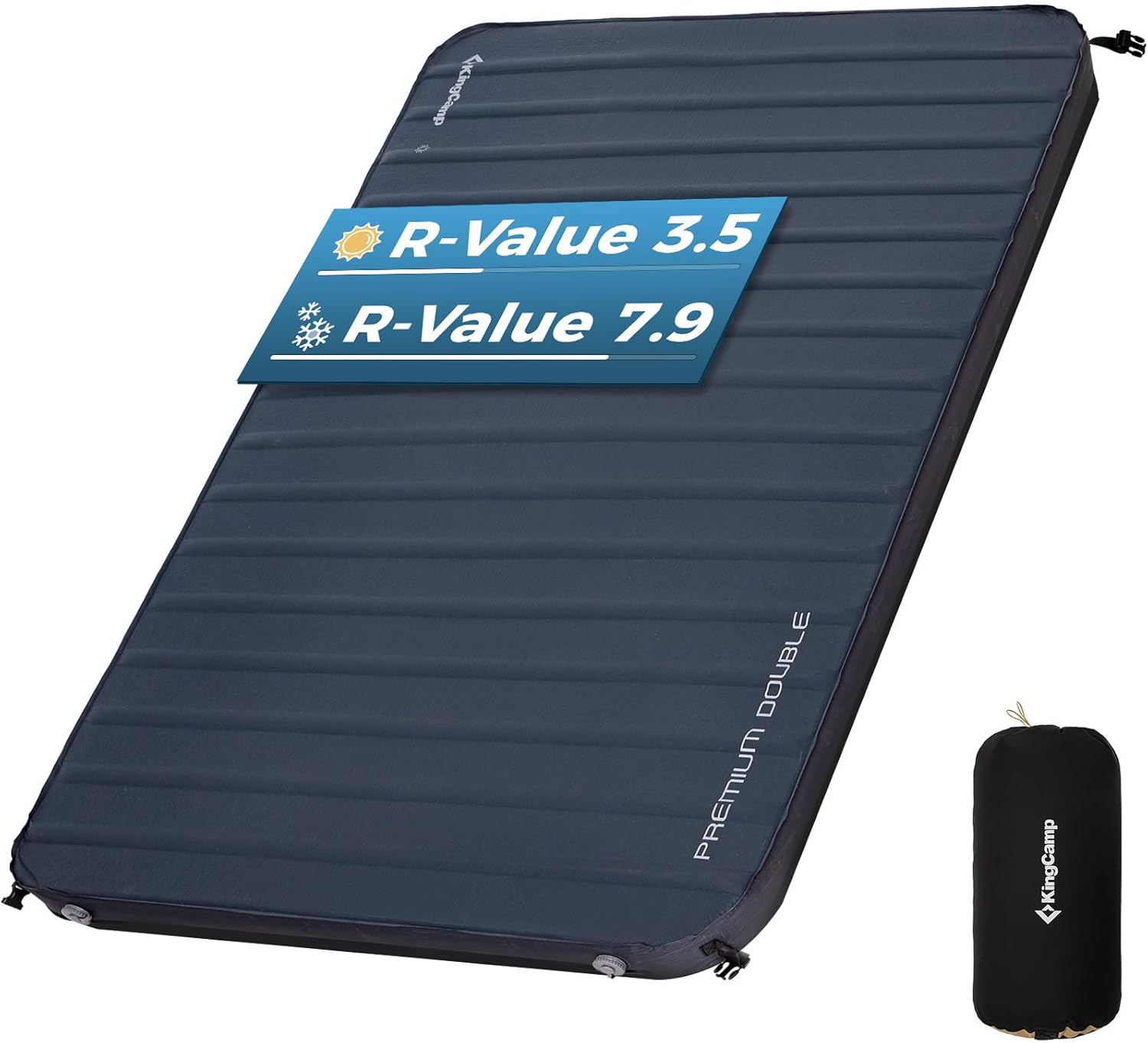 KingCamp Self Inflating Sleeping Pad, Insulated Air & Foam Camping Mattress 2 Person for All Seasons, 3" Thick Full Double Size Sleeping Mat for Camp Tent Outdoor Car, PVC Free，R 3.5/7.9 Dual Side