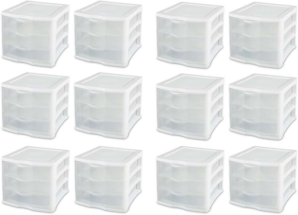 Sterilite ClearView Compact Stacking 3 Drawer Storage Organizer System for Crafting Supplies, Home Office, or Dorm Room, (12 Pack)