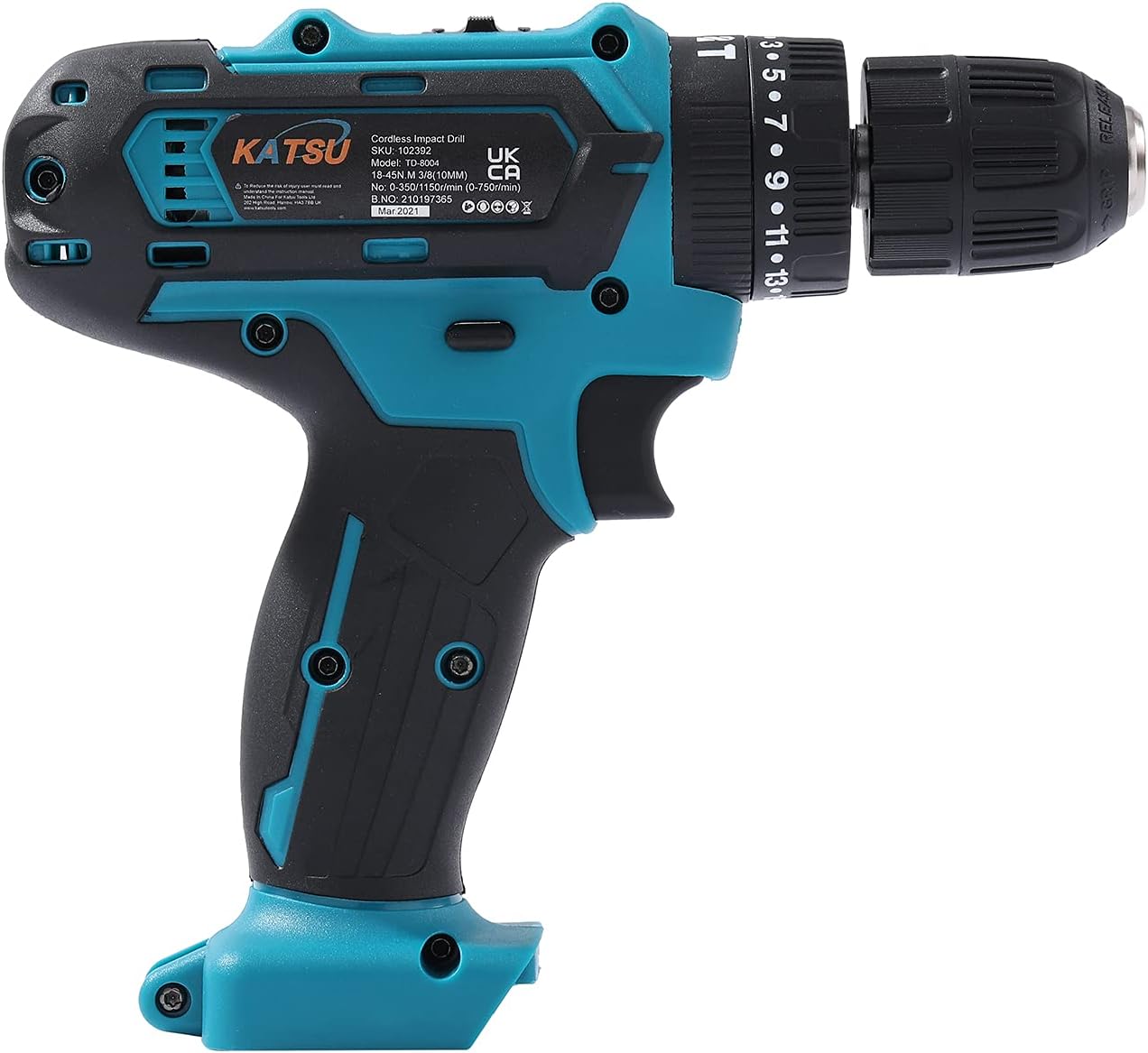 KATSU 21V Cordless Impact Drill Driver 10mm Keyless Chuck, 2 Gear Speed and LED Light - Image 5