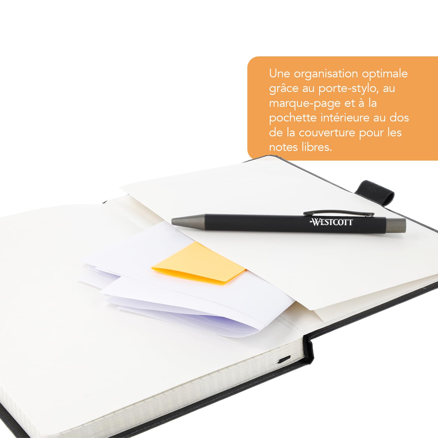 Westcott Carnet de notes DIN A5 quadrillé 192 pages 80 g/m² papier FSC-Mix avec poche intérieure marque-page porte-stylo