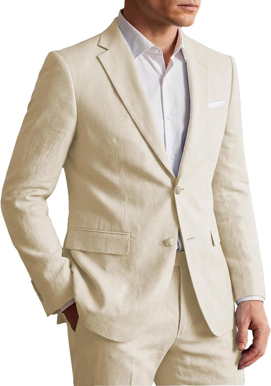 Casual Men's Suits Linen Slim Fit 2 Pieces Tuxedos Summer Beach Wedding Jacket+Trousers
