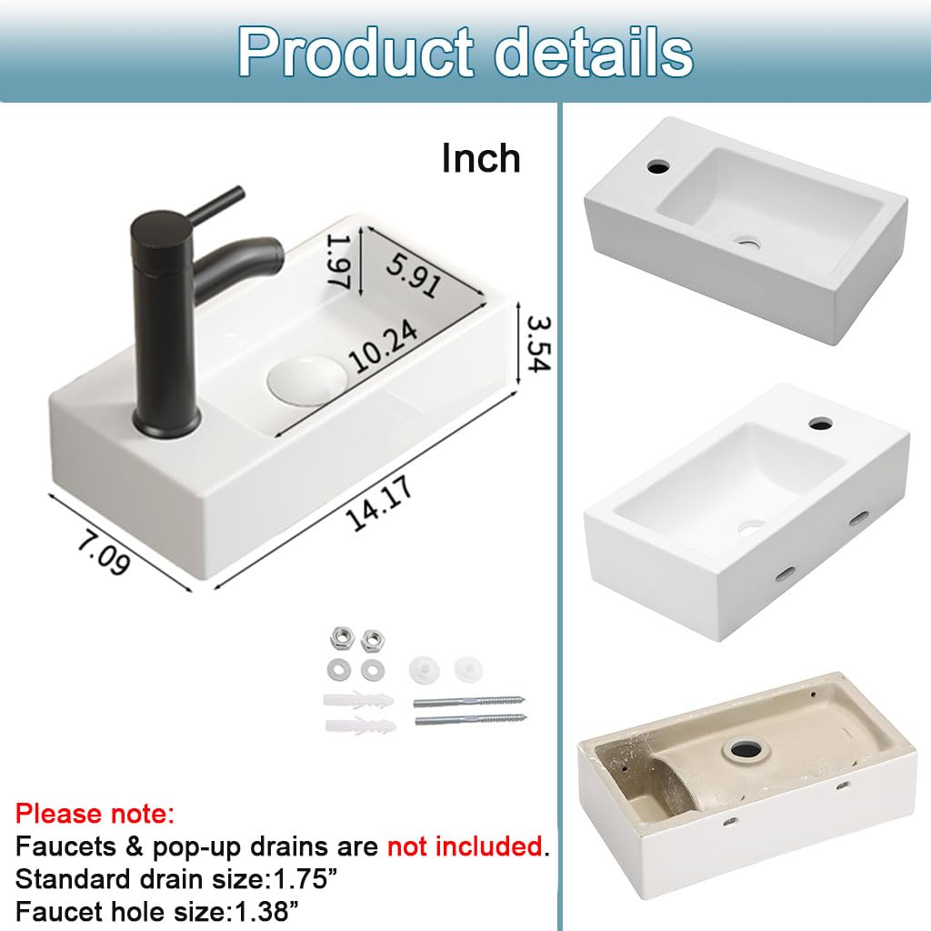 Fregadero de pared de cerámica blanca para baño pequeño, fregadero flotante rectangular de 14 x 7 pulgadas, fregadero moderno para colgar en la pared