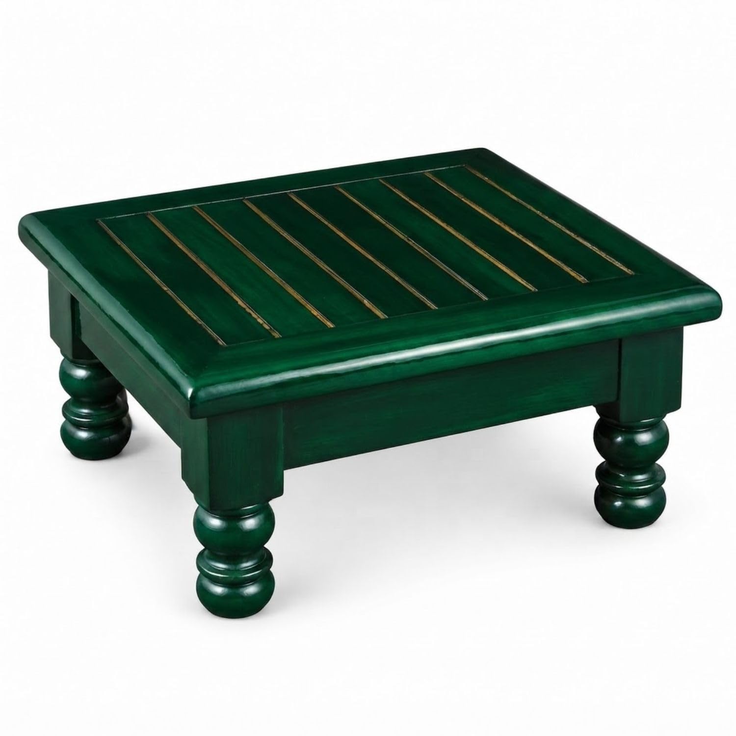 Wooden Pooja Chowki for Mandir, Solid Sheesham Wood, Traditional Handcrafted Stool for Home Temple, Step Stool & Decor | Meditation Chowki with Walnut Finish (Green)-image-20