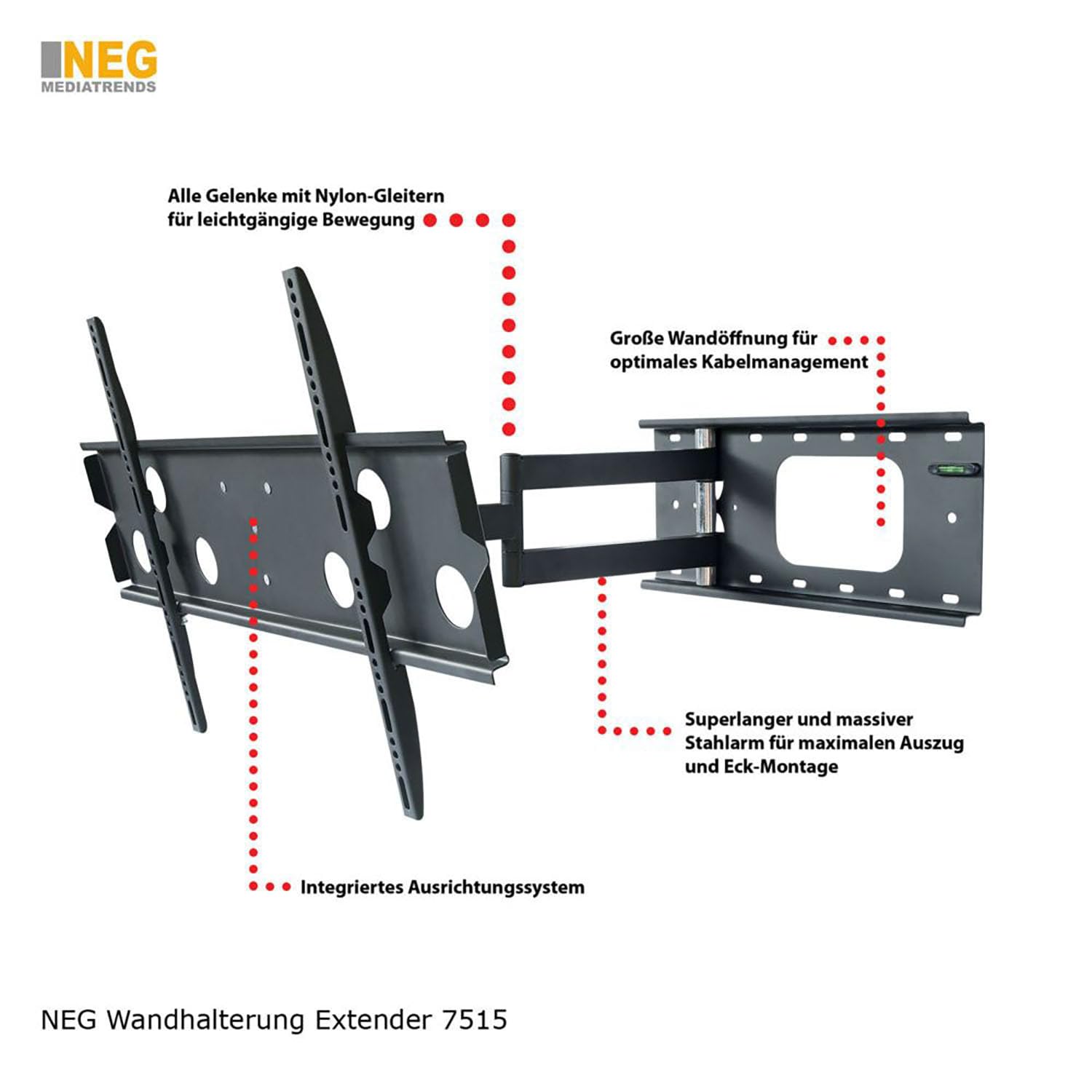 NEG Profi Universal TV-Wandhalterung Extender 7515, Schwarz | Schwenk-, neig- und ausziehbar, Full Motion, Bis max. VESA 600x400, Bis 80kg