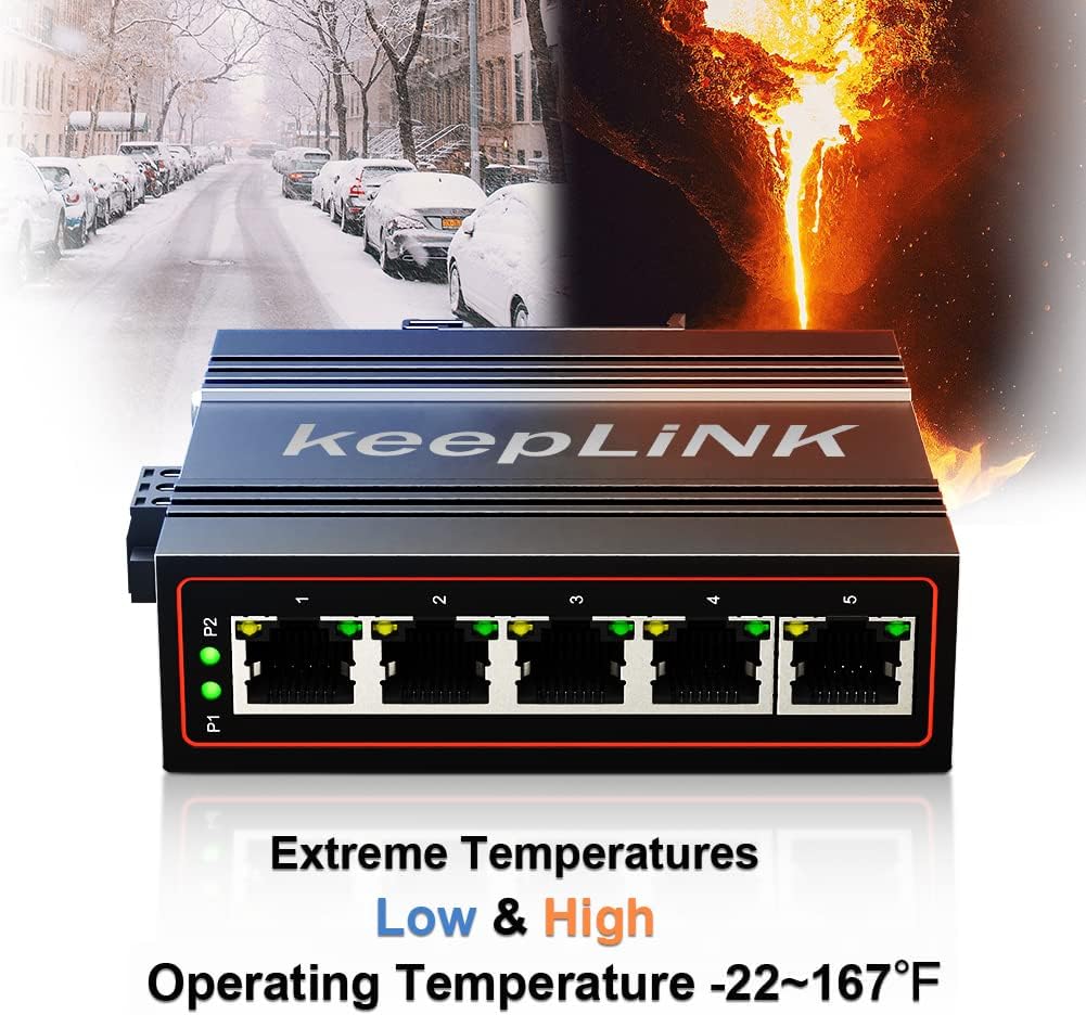 Hinteren view of the keepLiNK 5-Port Industrial Ethernet Switch showing power input terminals.